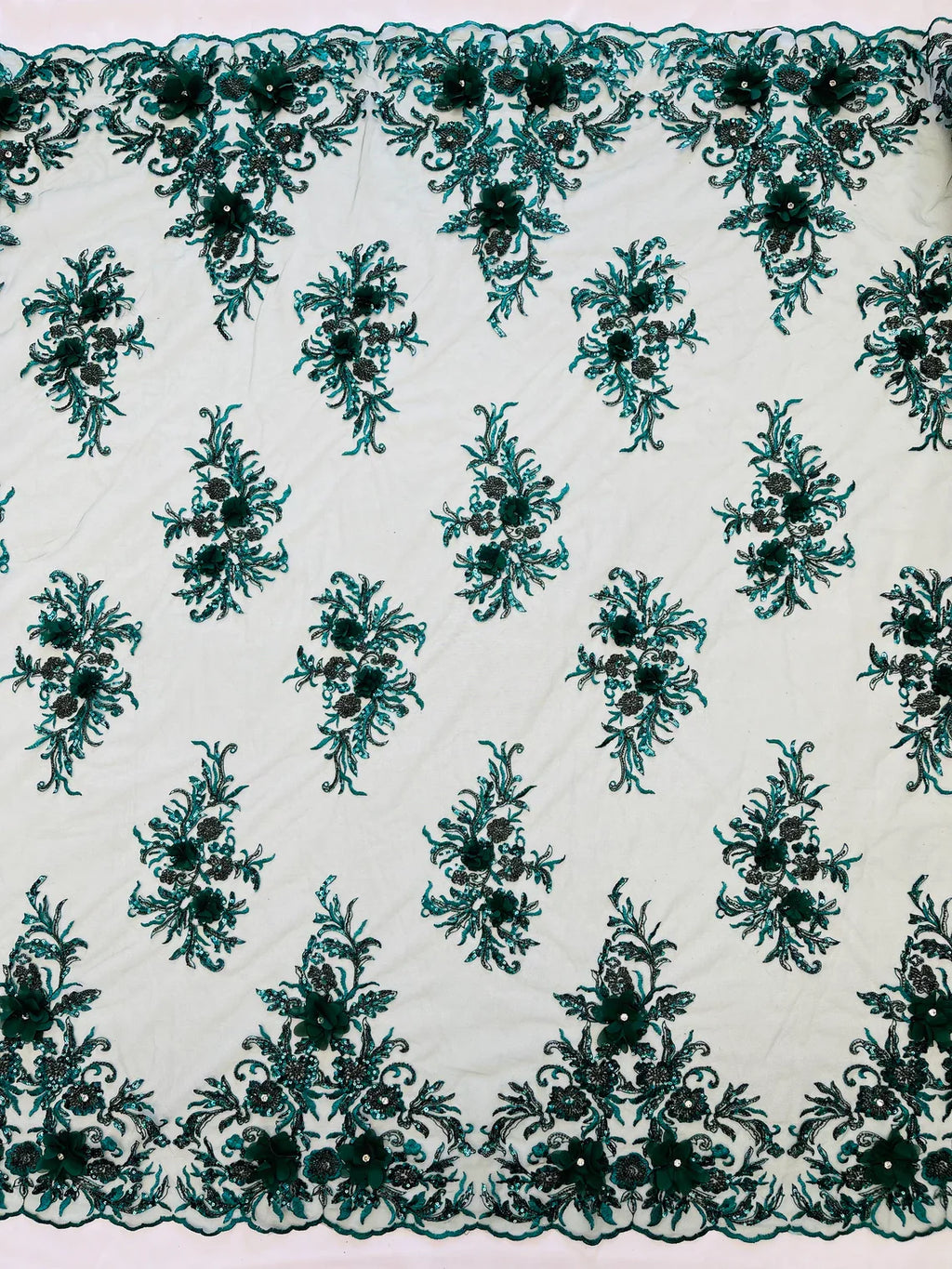 3D Floral Rhinestone Fabric - Hunter Green - Beaded Flower Clusters with Rhinestones / Sequins By Yard