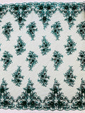 3D Floral Rhinestone Fabric - Hunter Green - Beaded Flower Clusters with Rhinestones / Sequins By Yard