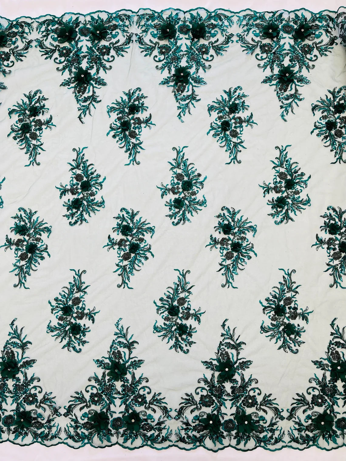 3D Floral Rhinestone Fabric - Hunter Green - Beaded Flower Clusters with Rhinestones / Sequins By Yard