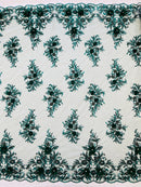 3D Floral Rhinestone Fabric - Hunter Green - Beaded Flower Clusters with Rhinestones / Sequins By Yard