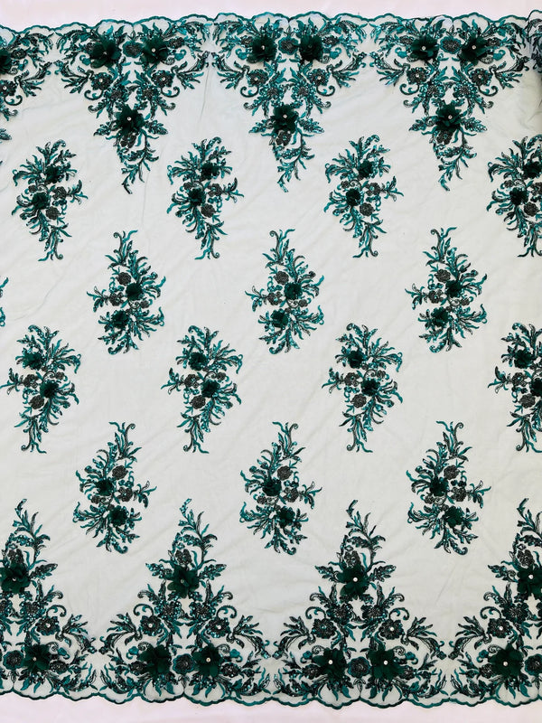 3D Floral Rhinestone Fabric - Hunter Green - Beaded Flower Clusters with Rhinestones / Sequins By Yard