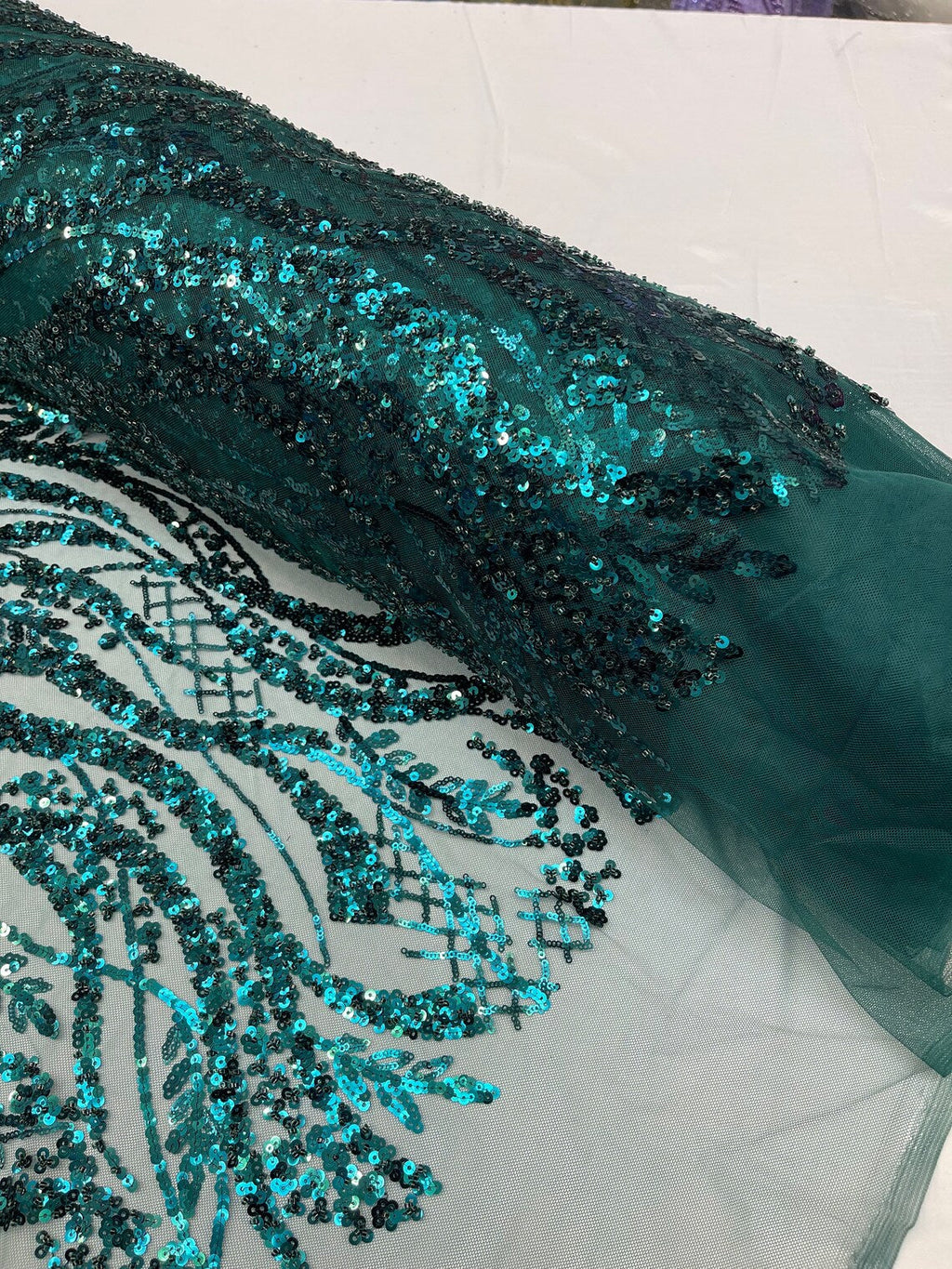 Floral Beaded Wavy Fabric - Hunter Green - Beaded Sequins Wavy Embroidered Fabric Sold By Yard