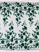 3D Floral Pearl Fabric - Hunter Green - Embroidered Floral Pearl Fabric Double Border On Mesh By Yard