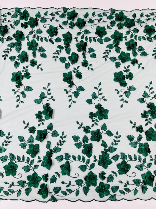 3D Floral Pearl Fabric - Hunter Green - Embroidered Floral Pearl Fabric Double Border On Mesh By Yard