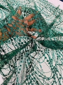 Tulle Glitter Fancy Line Fabric - Hunter Green - Tulle Fabric with Sparkle Glitter Design Sold By Yard