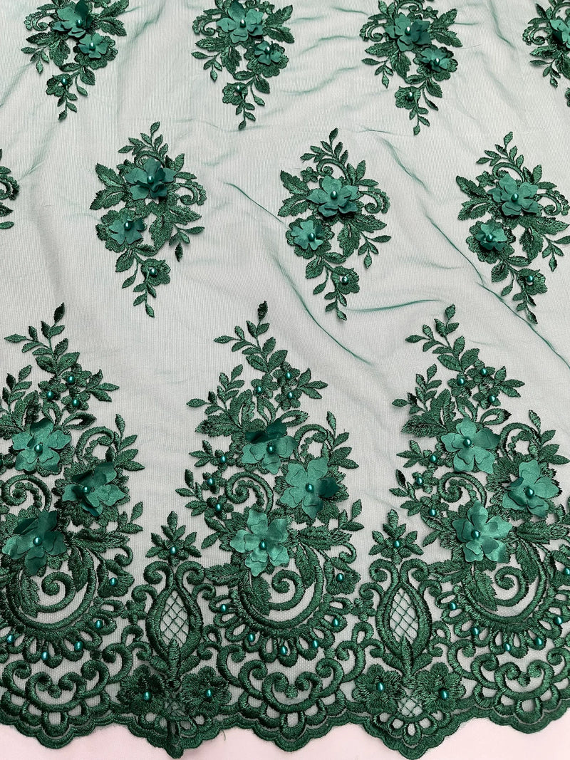 3D Fancy Floral Design Fabric - Hunter Green - 3D Flower Fabric with Small Beads on Lace Sold By Yard