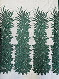 3D Beaded Peacock Feathers - Vegas Design Embroidered Sequins and Beads On a Mesh Lace Fabric - 15 Yard Roll