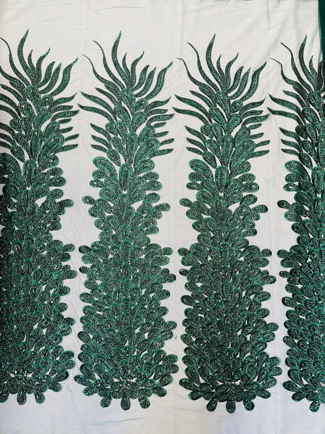 3D Beaded Peacock Feathers - Vegas Design Embroidered Sequins and Beads On a Mesh Lace Fabric - 15 Yard Roll