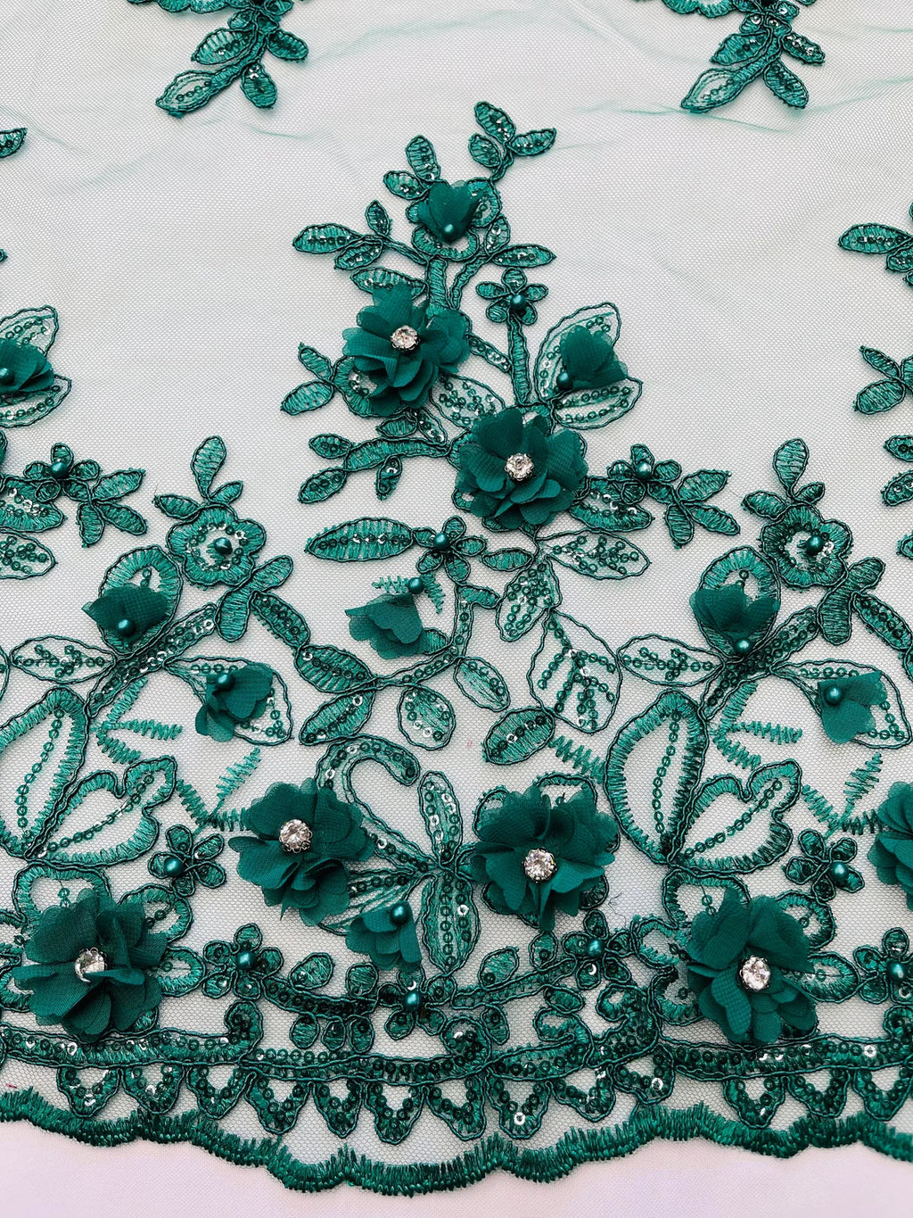 3D Embroidered Floral Fabric - Hunter Green - 3D Rhinestone and Sequins Floral Fabric Sold By Yard