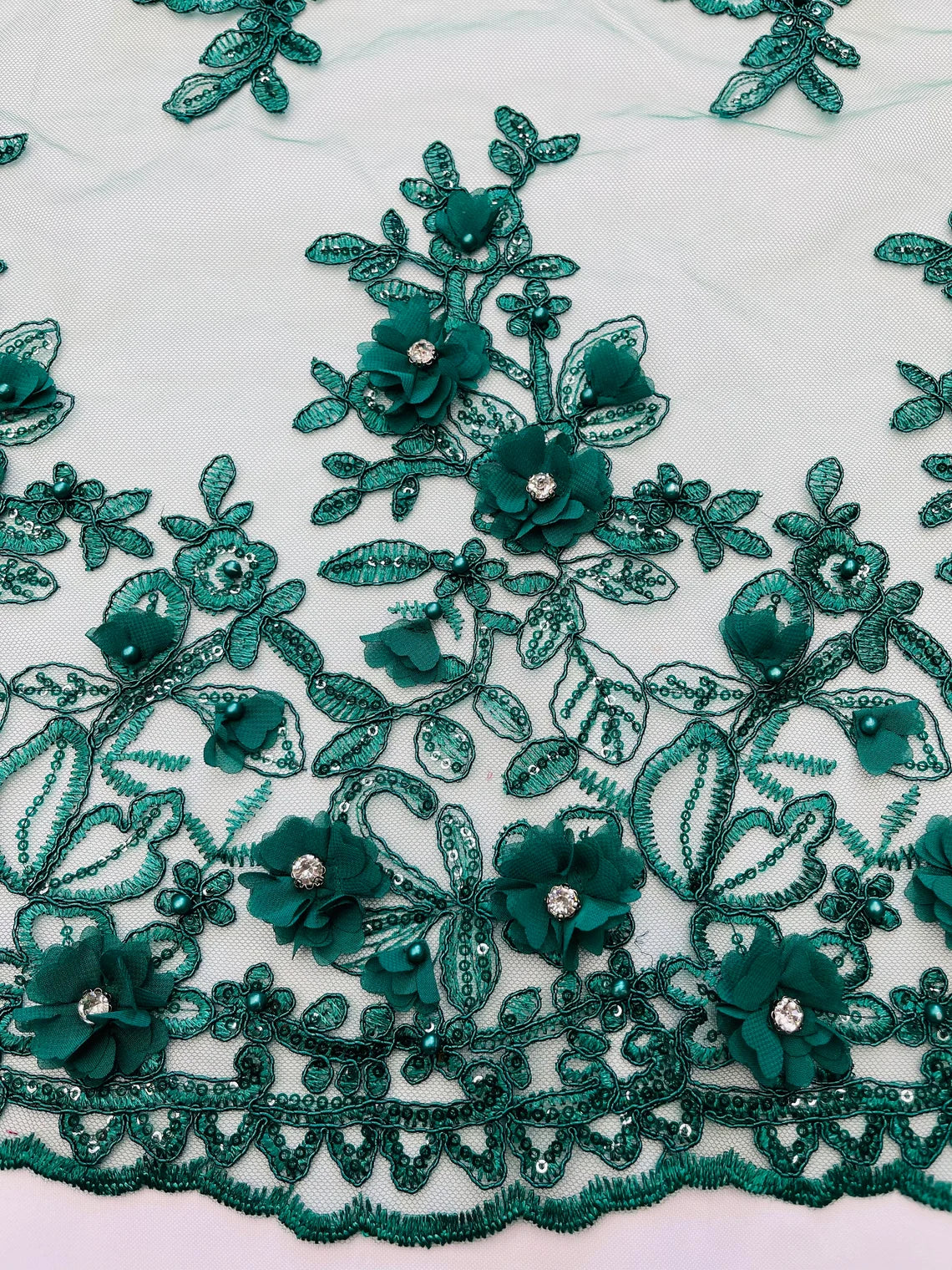 3D Embroidered Floral Fabric - Hunter Green - 3D Rhinestone and Sequins Floral Fabric Sold By Yard