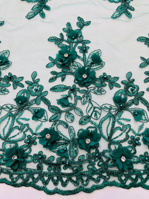 3D Embroidered Floral Fabric - Hunter Green - 3D Rhinestone and Sequins Floral Fabric Sold By Yard