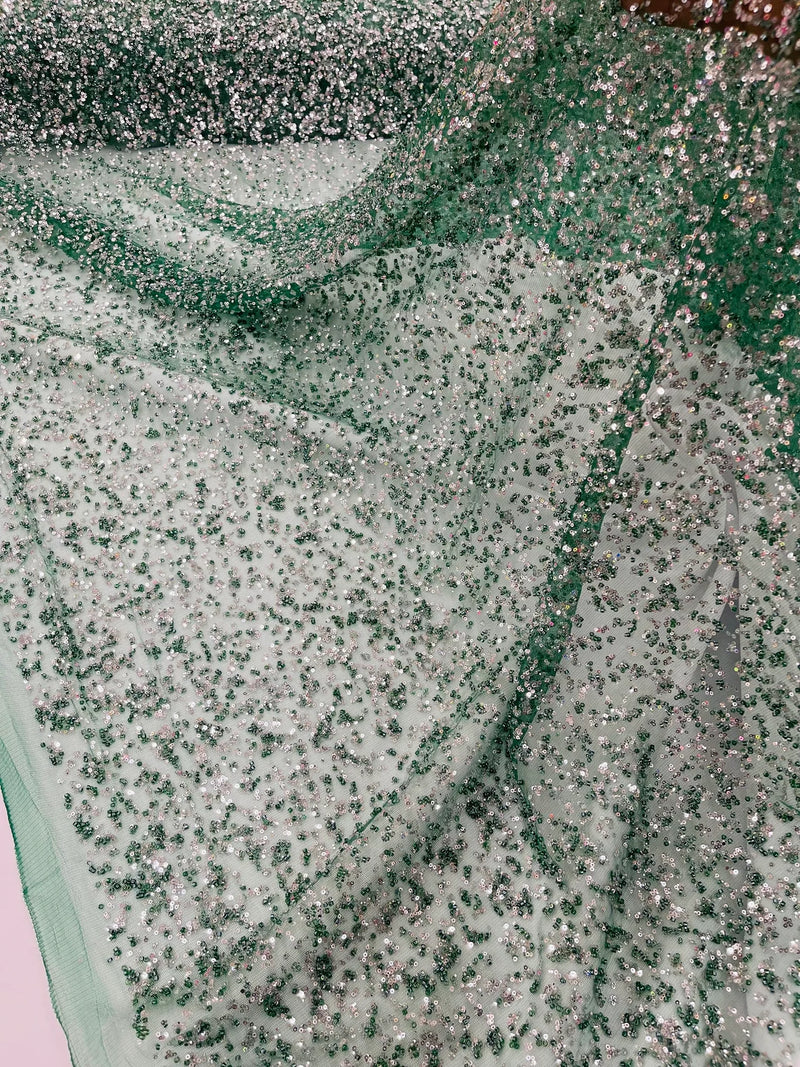 Beads and Sequins Lace - Hunter Green - Embroidered Beads and Sequins on Lace Mesh Fabric By Yard
