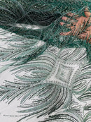 Beaded Lines Fabric - Hunter Green - Luxury Beads and Sequins Line Design Fabric By Yard