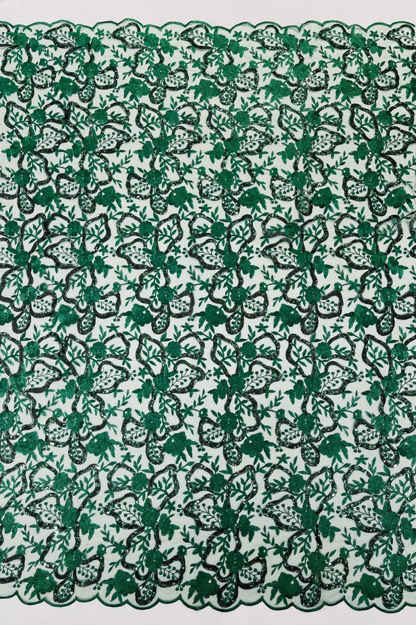 Small Flower Sequins Lace Fabric - Hunter Green - Embroidered Floral Pattern Fabric with Sequins on Lace By Yard