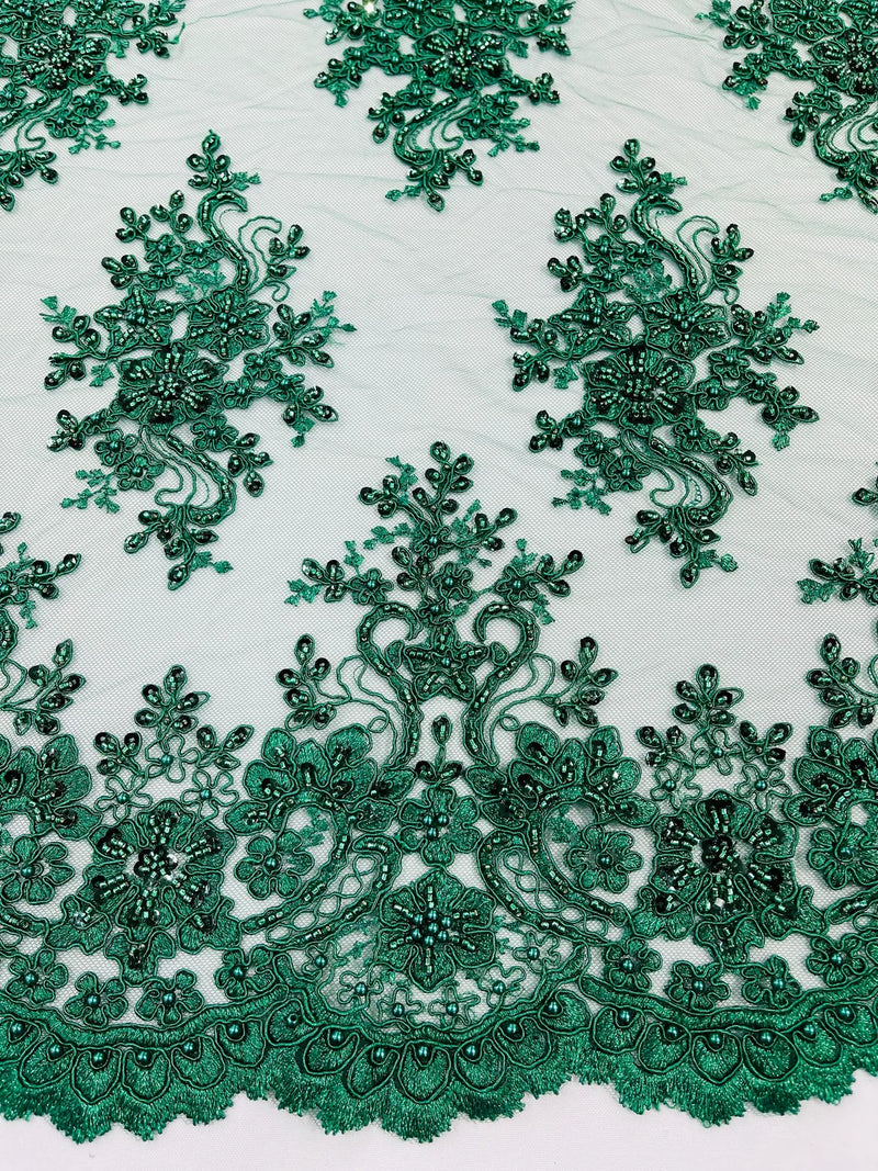 Floral Pearl Bead Fabric - Hunter Green - Flower Design with Beads and Sequins Fabric Sold By Yard