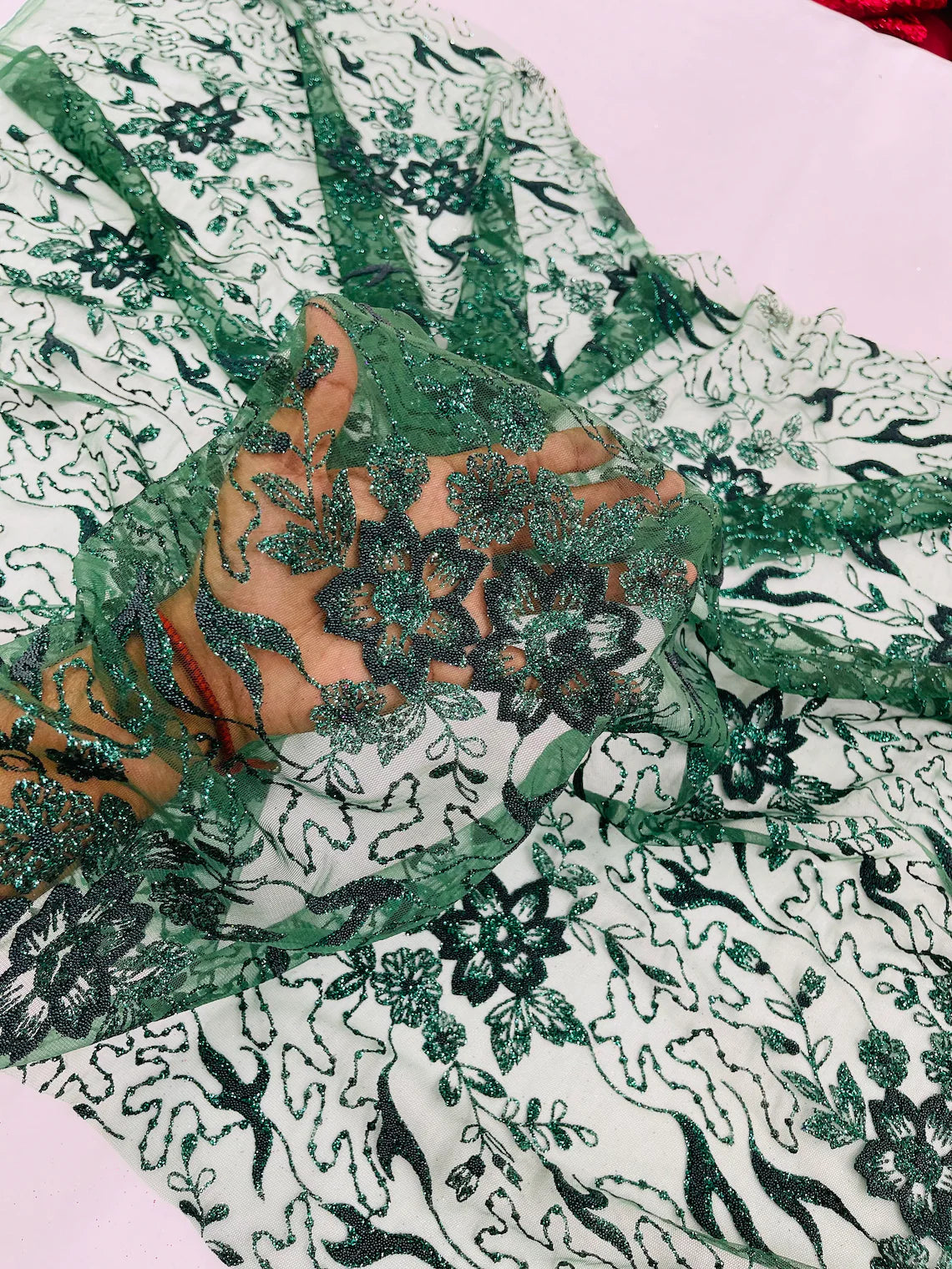 Flower Glitter Fabric - Hunter Green - 3D Floral Tulle Fabric for Wedding, Quinceañera By Yard