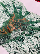 Flower Glitter Fabric - Hunter Green - 3D Floral Tulle Fabric for Wedding, Quinceañera By Yard