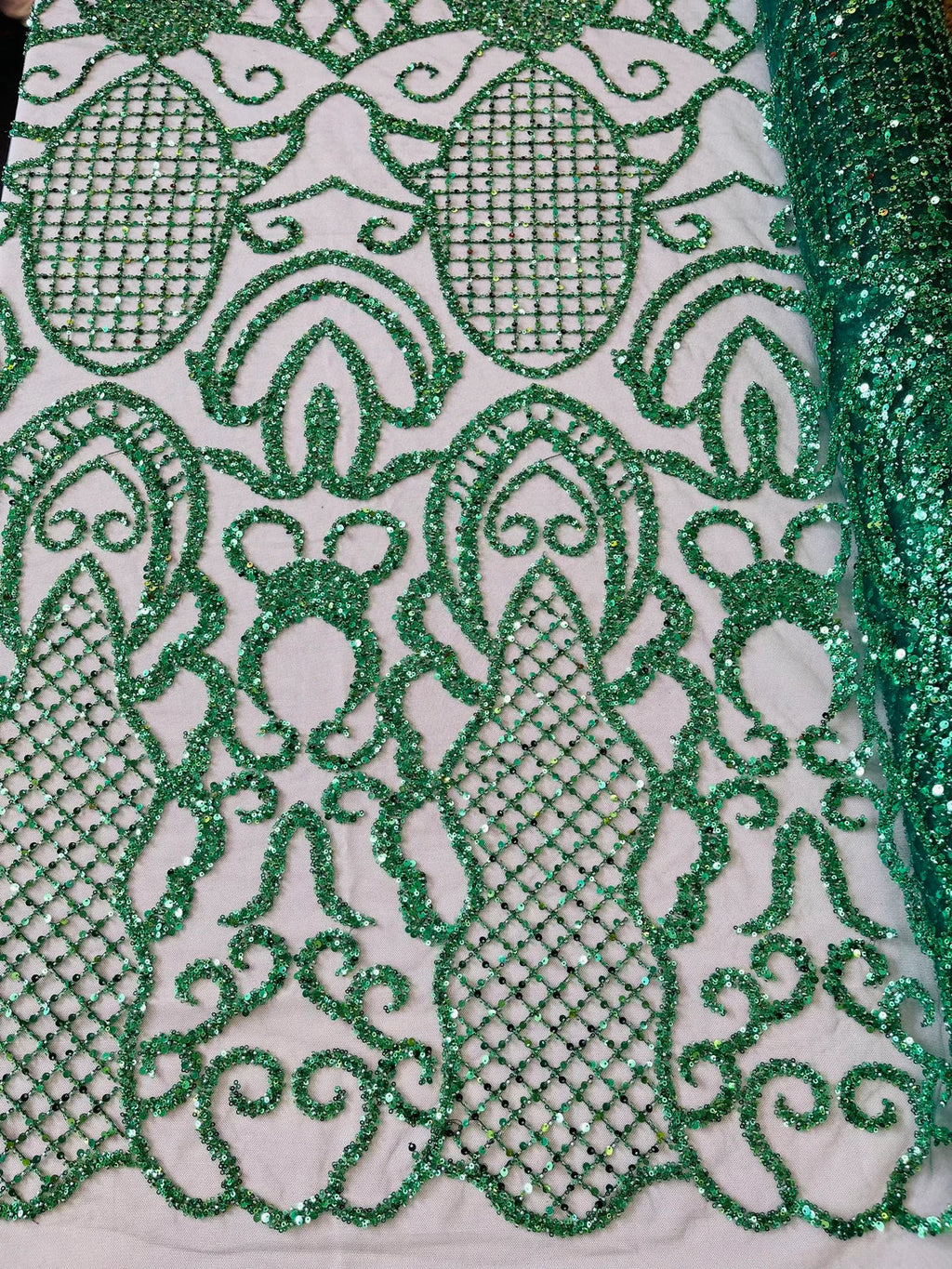 Beaded Fashion Design Fabric - Hunter Green - Beaded Embroidered Damask Style Fabric on Mesh By Yard