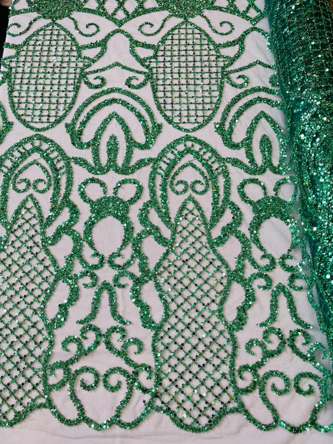 Beaded Fashion Design Fabric - Hunter Green - Beaded Embroidered Damask Style Fabric on Mesh By Yard