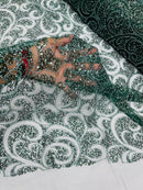 Beaded Swirl Design Fabric - Hunter Green - Swirl Design with Beads and Sequins on Lace by Yard