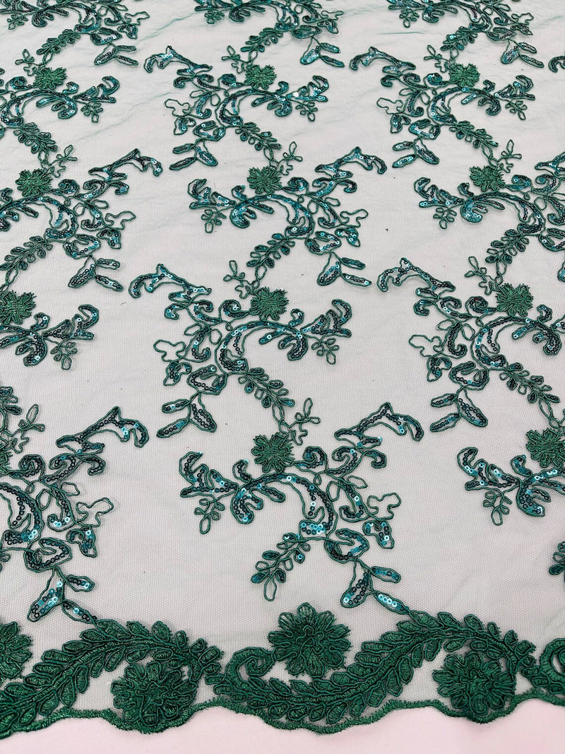 Floral Sequins Lace Fabric - Hunter Green - Embroidery Flower Clusters Design with Shiny Sequins  Fabric Sold By Yard