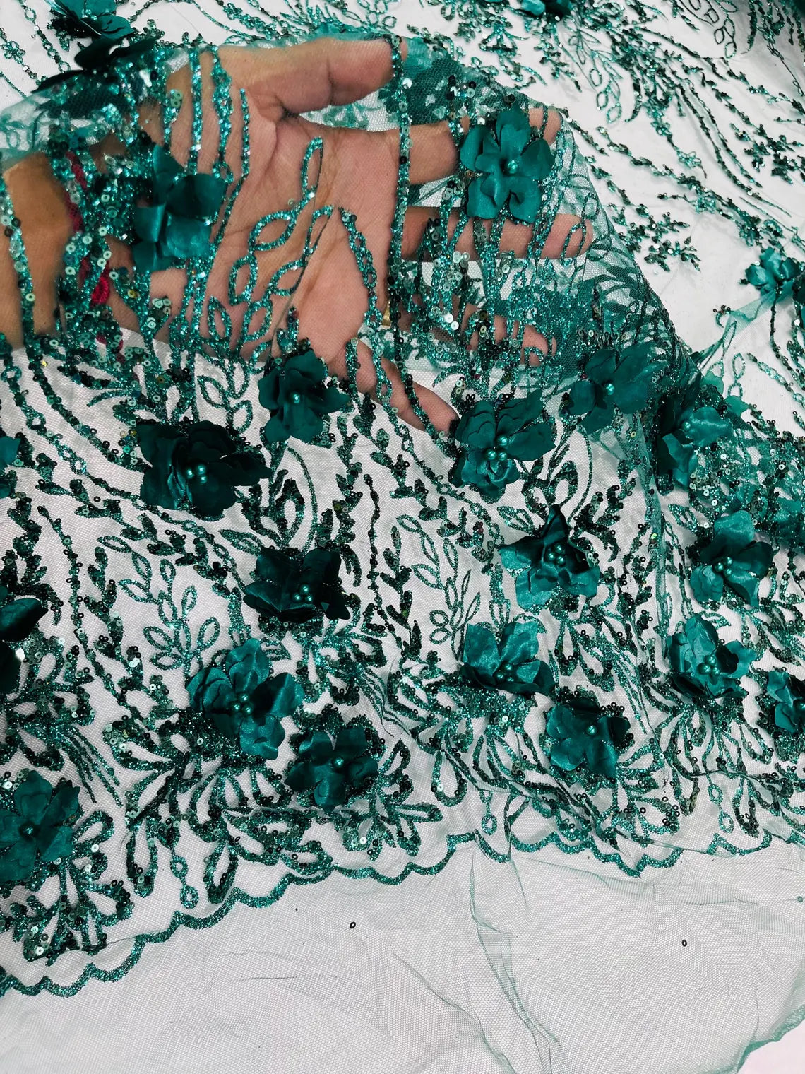 3D Glitter Floral Design Fabric - Hunter Green - Floral Line Design Embroidered Sequins Fabric by Yard