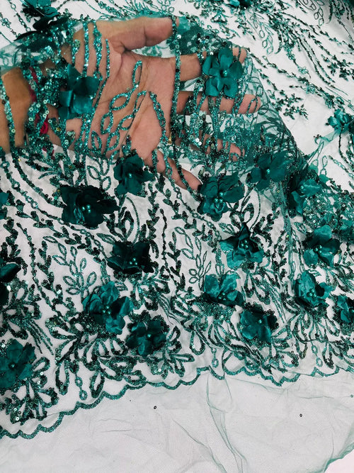 3D Glitter Floral Design Fabric - Hunter Green - Floral Line Design Embroidered Sequins Fabric by Yard