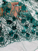 3D Glitter Floral Design Fabric - Hunter Green - Floral Line Design Embroidered Sequins Fabric by Yard