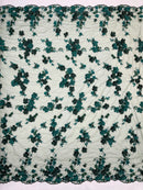 Multi-Color 3D Flower Fabric - Hunter Green - Multi-Tone 3D Flower Lace Fabrics Sold By Yard