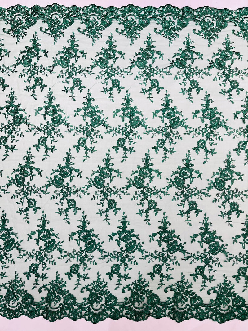 Floral Plant Lace Fabric - Hunter Green - Embroidery Flower Small Leaf Design Lace Fabric Sold By Yard