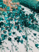 3D Flower Glitter Fabric - Hunter Green - Flower Design on Glitter Mesh Fabric Sold By Yard