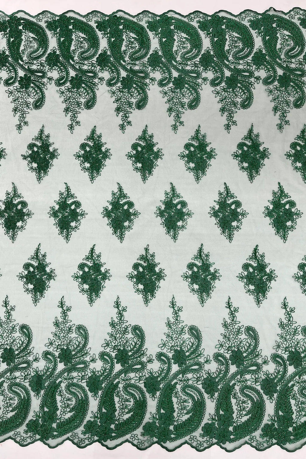 Metallic Corded Lace - Hunter Green - Paisley Floral Fabric with Metallic Thread on a Mesh Lace By Yard