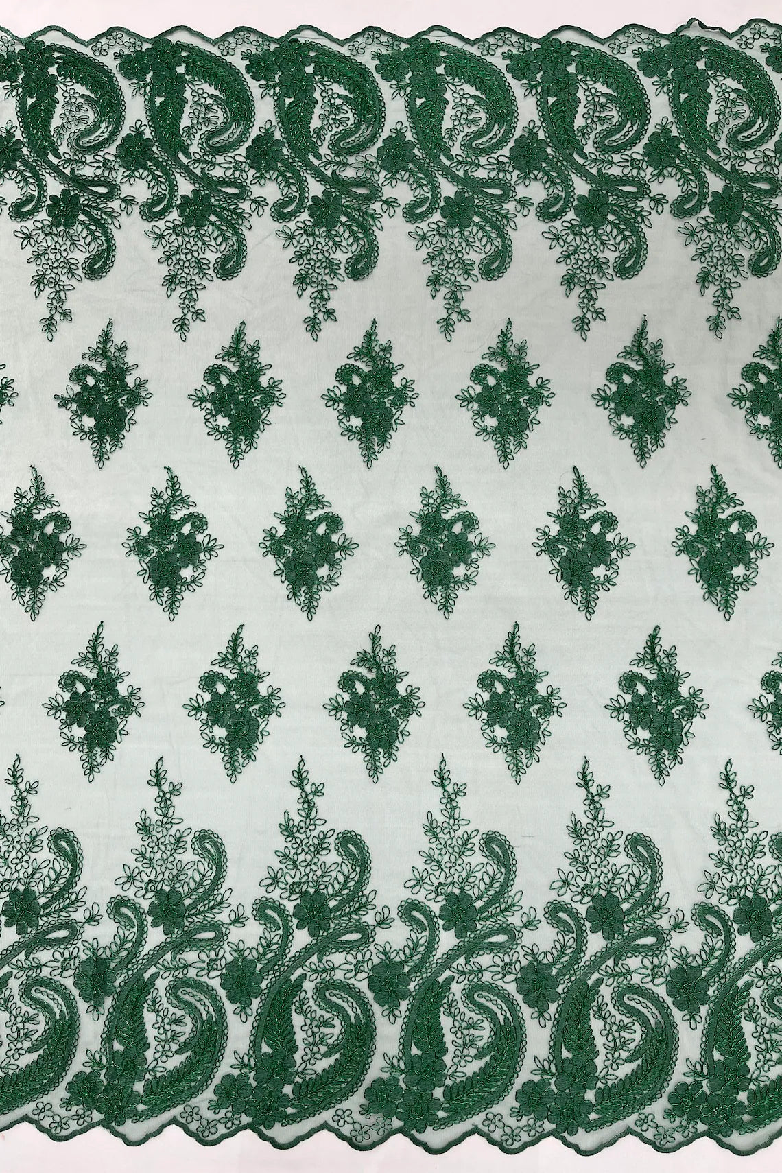 Metallic Corded Lace - Hunter Green - Paisley Floral Fabric with Metallic Thread on a Mesh Lace By Yard