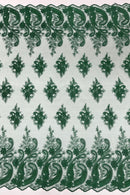 Metallic Corded Lace - Hunter Green - Paisley Floral Fabric with Metallic Thread on a Mesh Lace By Yard