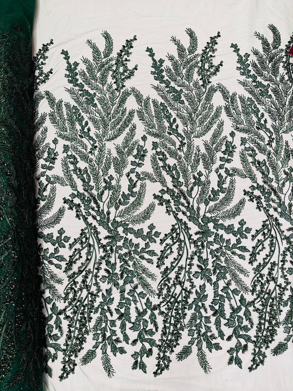 Floral Leaf Bead Sequins Fabric - Hunter Green - Leaf Nature Beaded Sequins Lace Fabric by The Yard