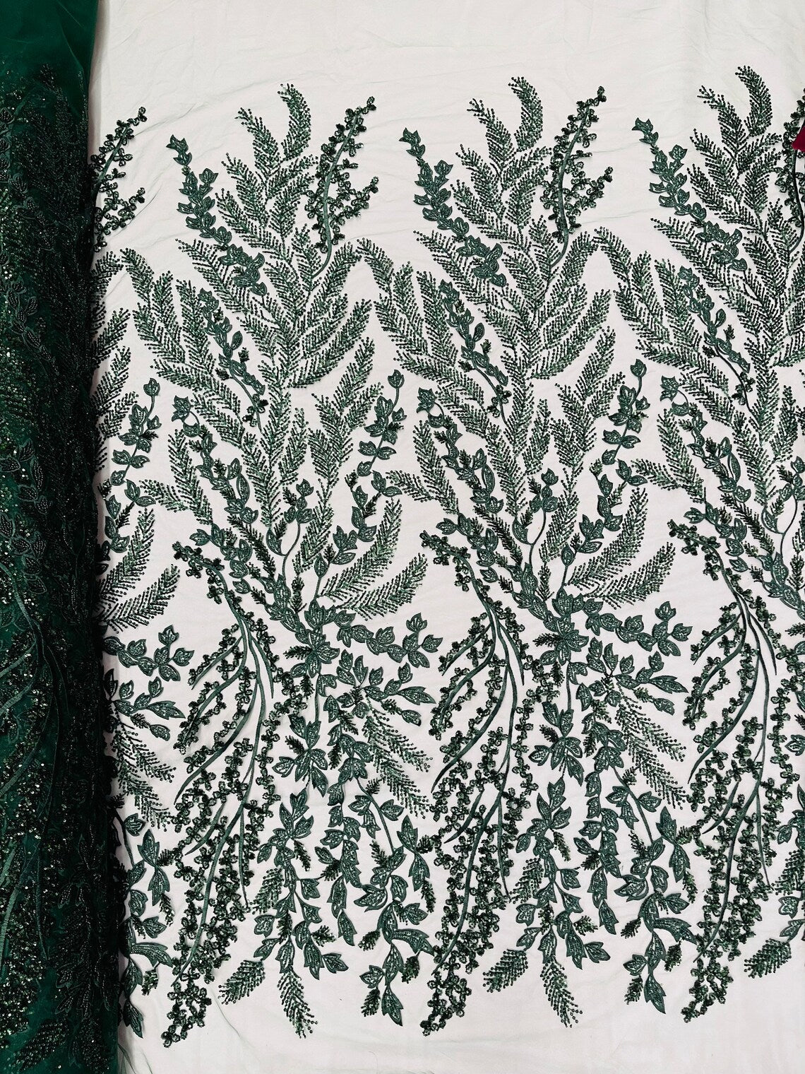 Floral Leaf Bead Sequins Fabric - Hunter Green - Leaf Nature Beaded Sequins Lace Fabric by The Yard