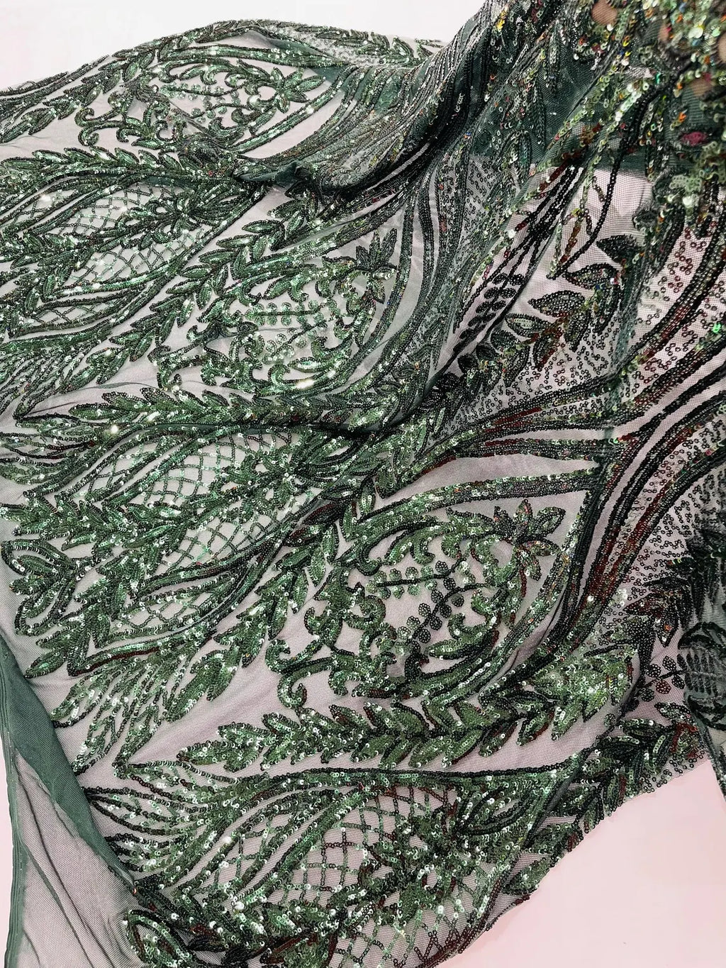 Mermaid Design Sequins Fabric - Hunter Green - Sequins Fabric 4 Way Stretch on Mesh By Yard