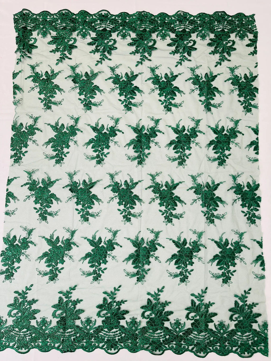 Floral Plant Lace Fabric - Hunter Green - Flower Plant Design Lace Sequins Fabric Sold By Yard