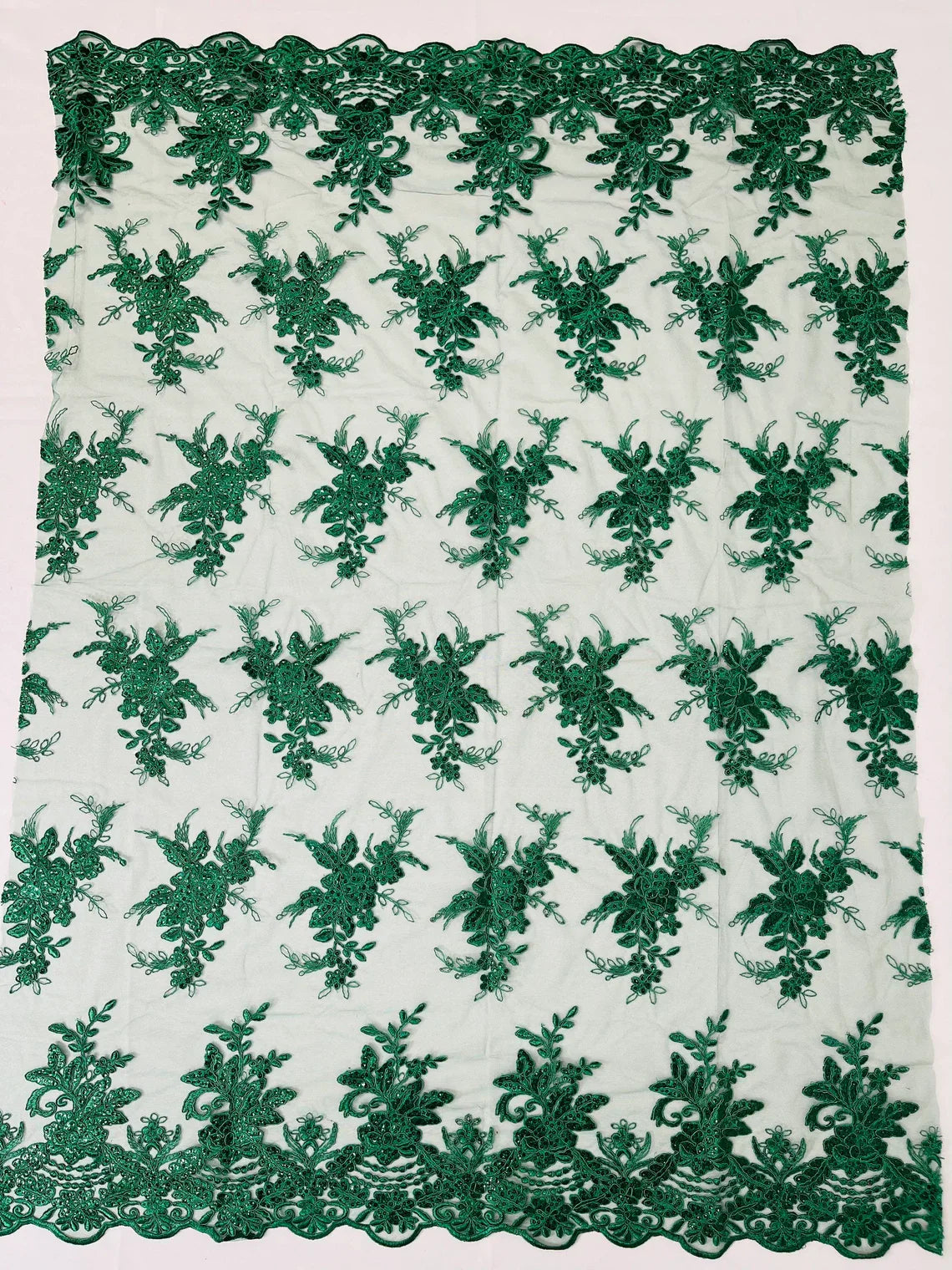 Floral Plant Lace Fabric - Hunter Green - Flower Plant Design Lace Sequins Fabric Sold By Yard