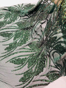 Wavy Leaf Sequins Fabric - Hunter Green - Wavy Lines and Leaves Design on Lace Mesh Fabric by Yard