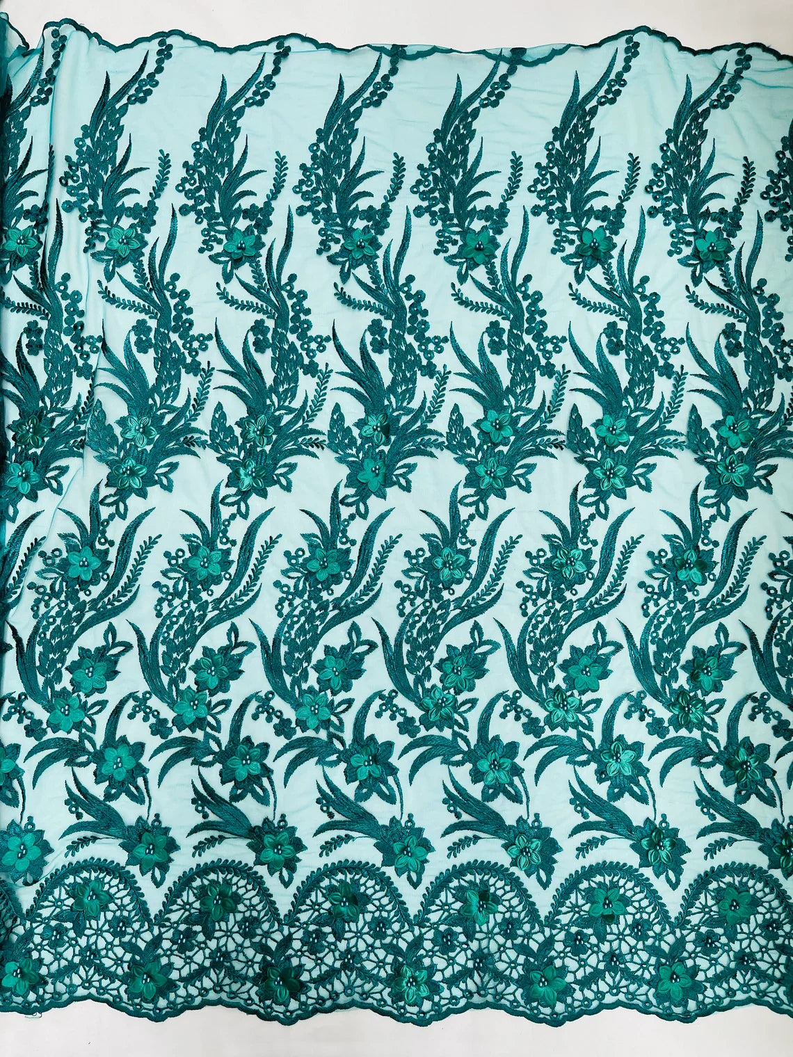 3D Floral Leaf Panels - Hunter Green - Embroidered 3D Flower Lines with Pearls on Lace By Yard