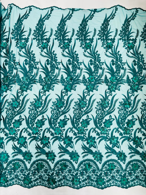 3D Floral Leaf Panels - Hunter Green - Embroidered 3D Flower Lines with Pearls on Lace By Yard