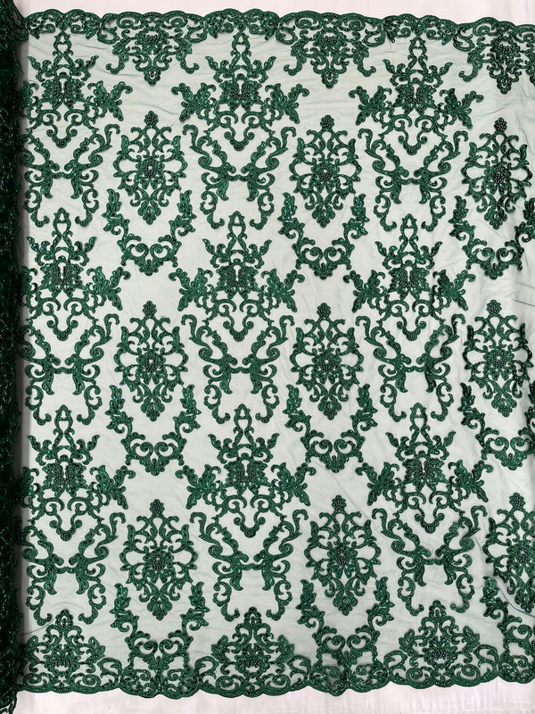 Butterfly Bead Sequins Fabric - Hunter Green - Damask Beaded Sequins Lace Fabric by the yard