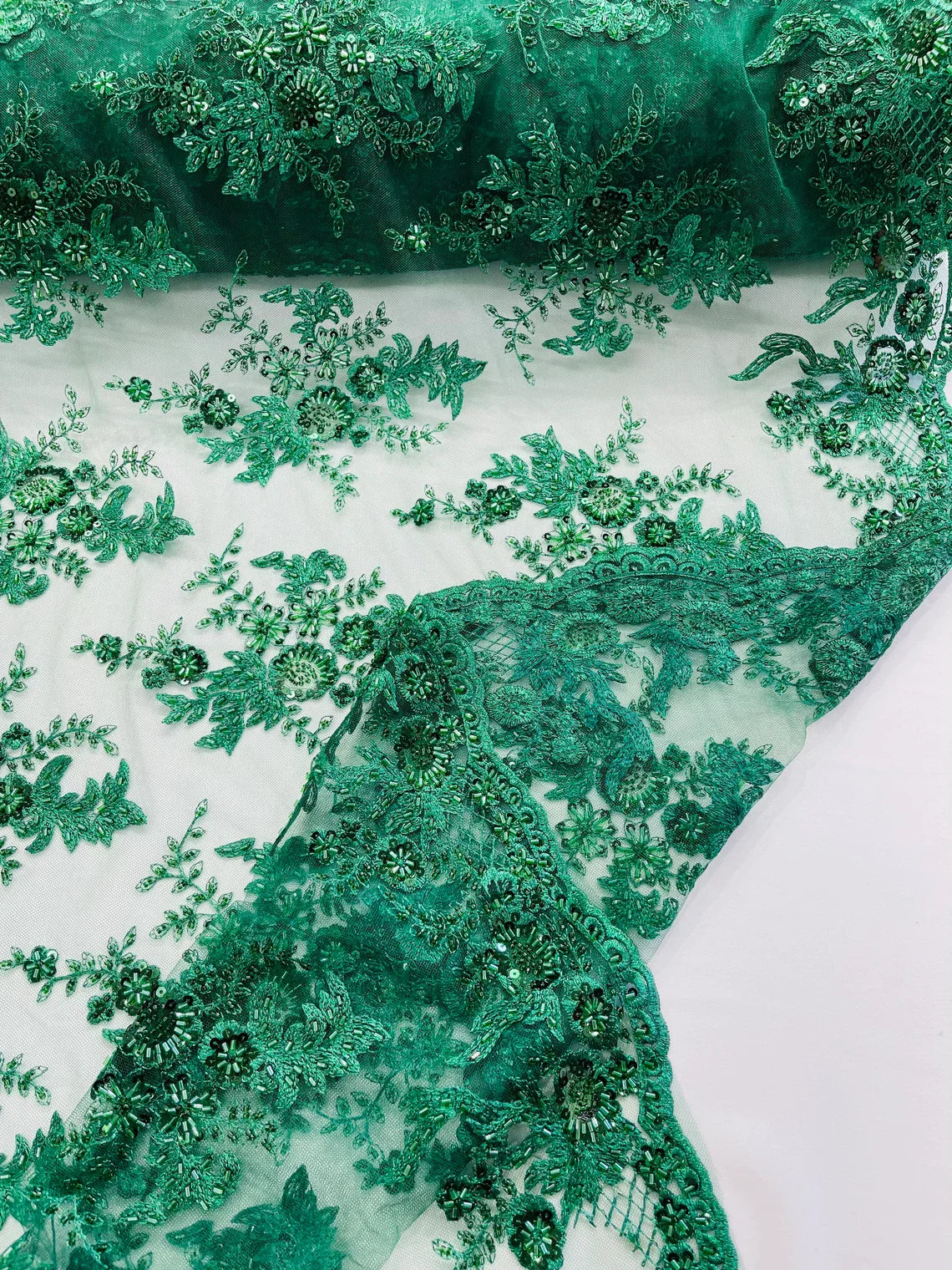 Beaded Flower Sequins Fabric - Hunter Green - Embroidered Beaded Floral Clusters Sequins Fabric By Yard