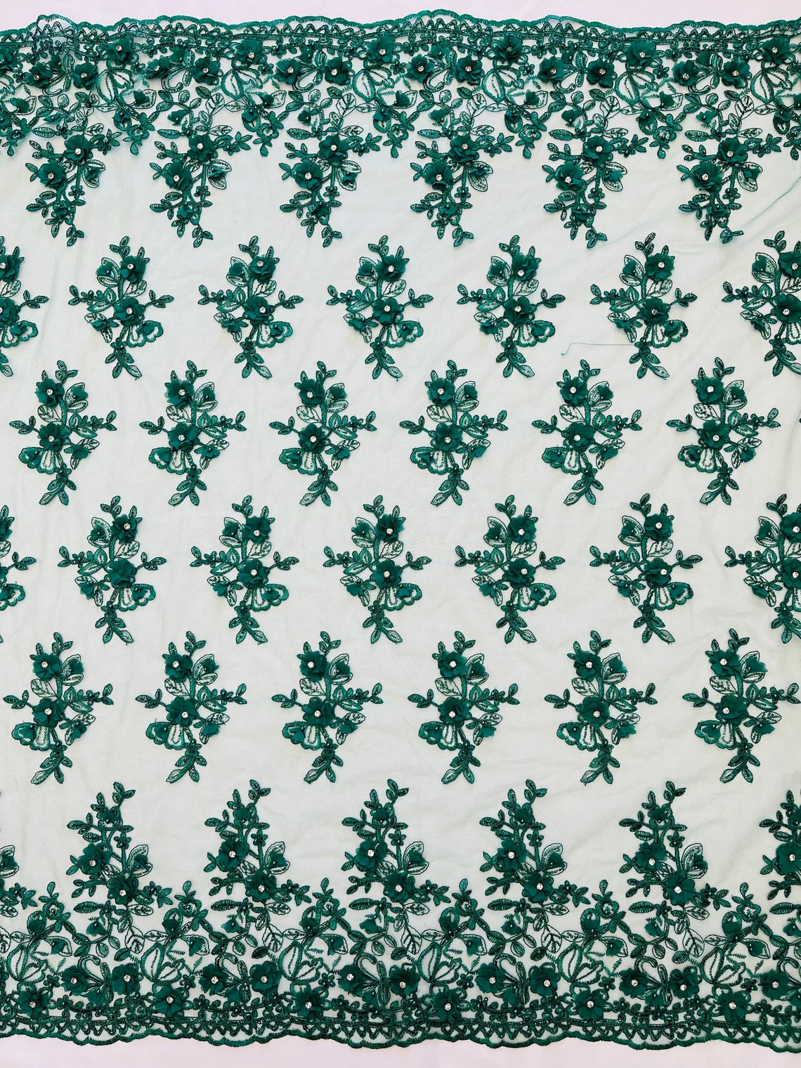 3D Embroidered Floral Fabric - Hunter Green - 3D Rhinestone and Sequins Floral Fabric Sold By Yard