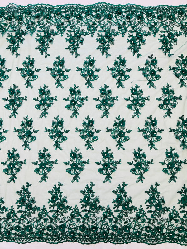 3D Embroidered Floral Fabric - Hunter Green - 3D Rhinestone and Sequins Floral Fabric Sold By Yard