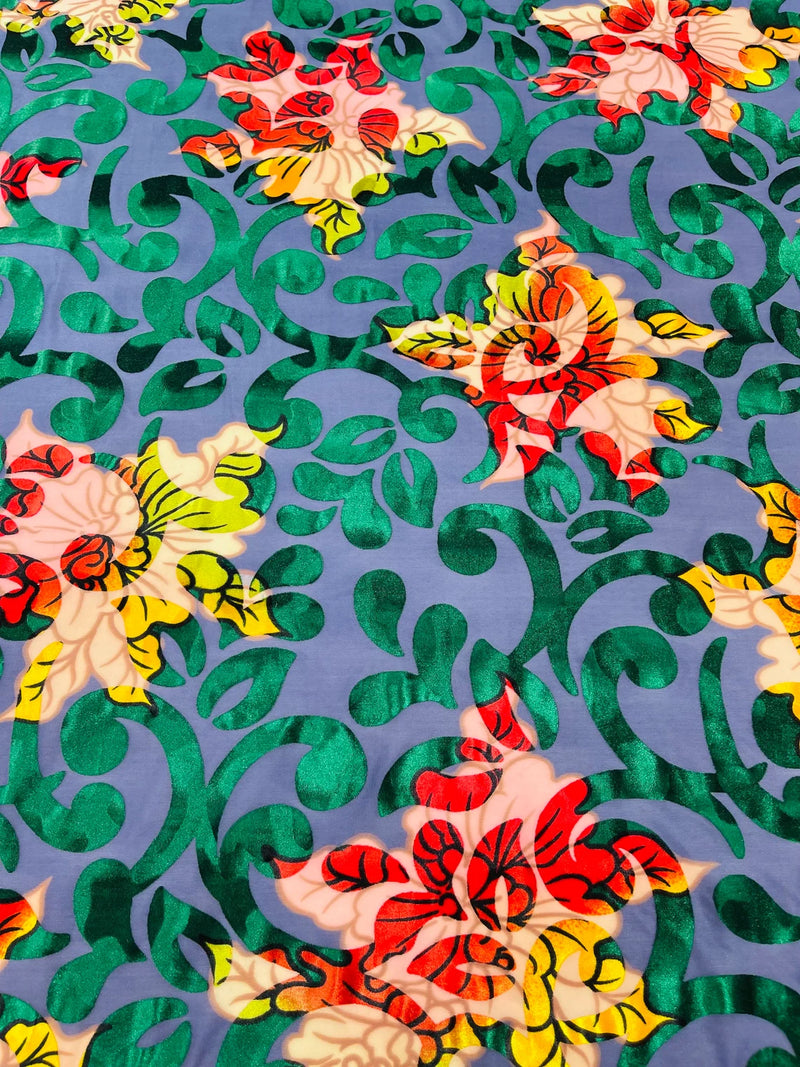 Burnout Floral Velvet Fabric - Hunter Green - MultiColor Floral Print Velvet Fabric By Yard