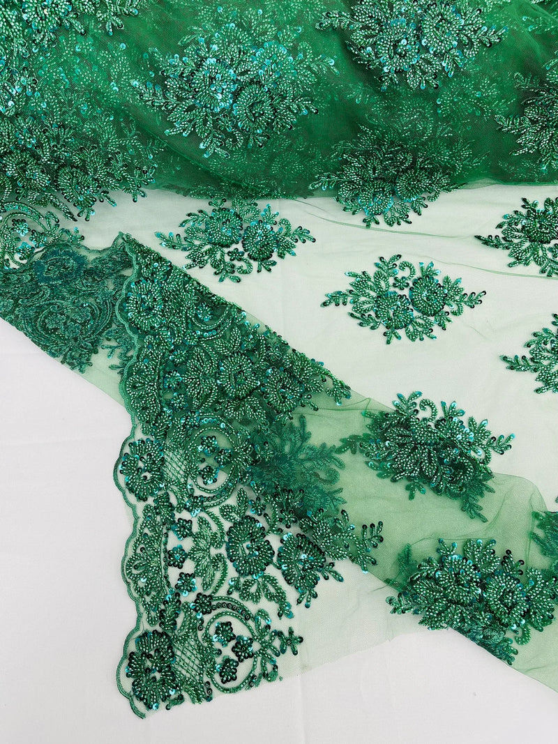 Heavy Beaded Floral Fabric - Hunter Green - Luxury Heavy Duty Bead Bridal Floral Cluster Lace Fabric by the yard