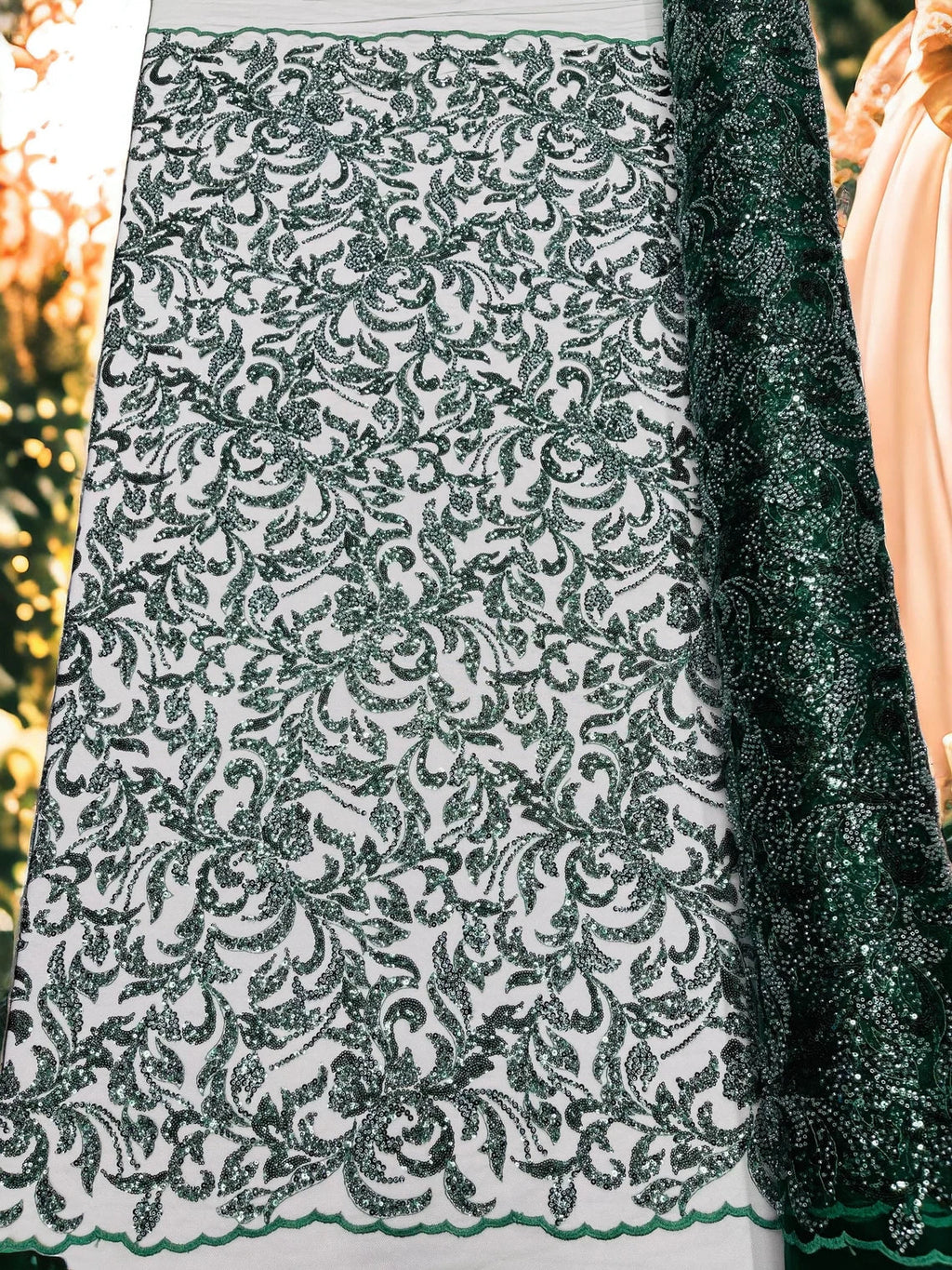 Beaded Flower Leaf Fabric - Hunter Green - Shiny Beads and Sequins in Flower Design on Lace by Yard