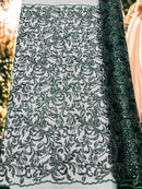 Beaded Flower Leaf Fabric - Hunter Green - Shiny Beads and Sequins in Flower Design on Lace by Yard